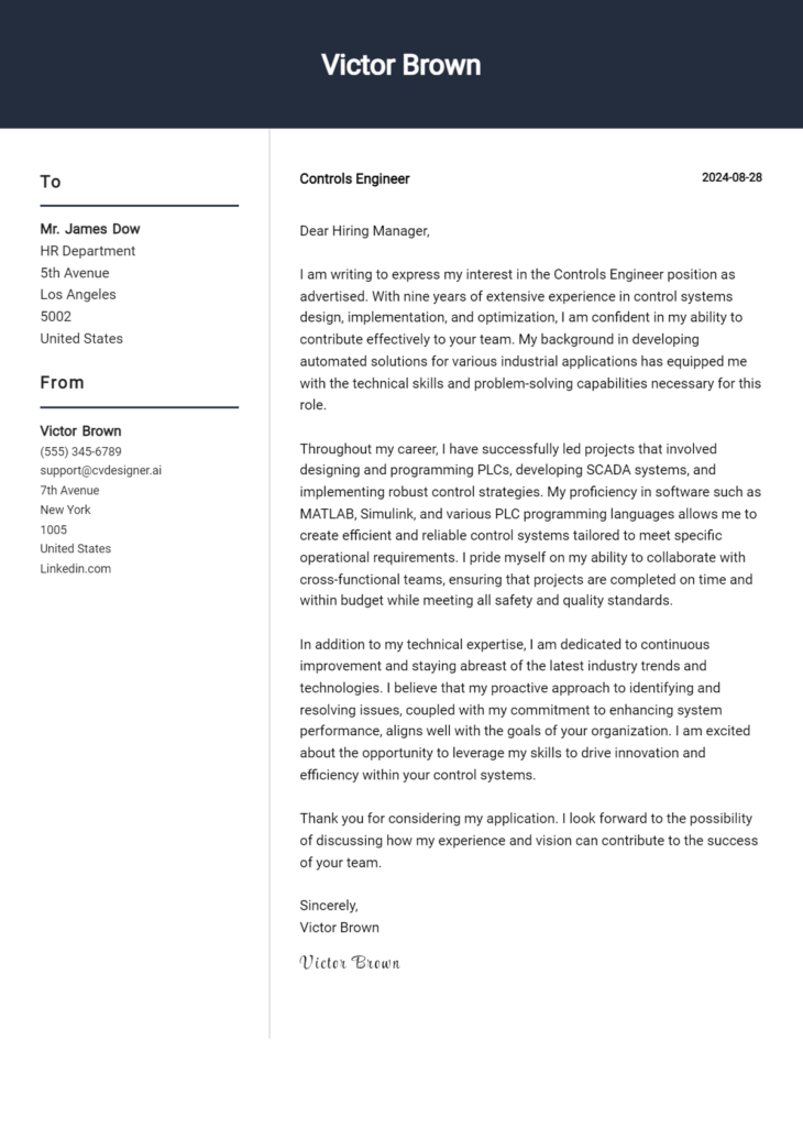 controls engineer cover letter example