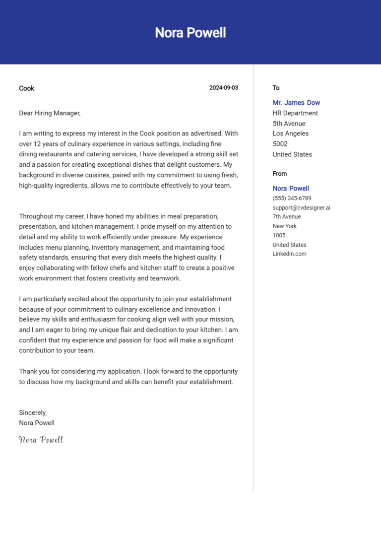 18 Cook Cover Letter Examples for 2025: Free Templates