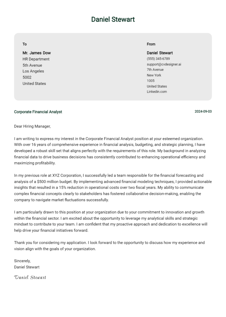 19 Corporate Financial Analyst Cover Letter Examples for 2025 (Writing Guide)