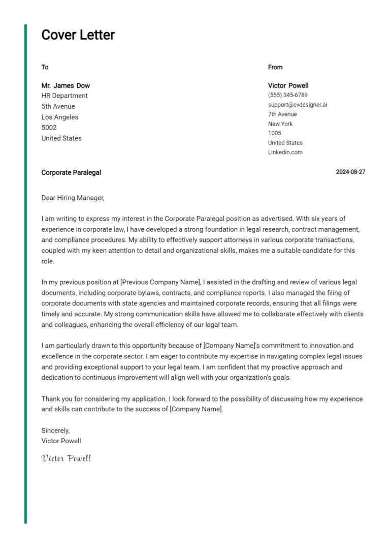 Corporate Paralegal Cover Letter Example for 2025 (Free Templates)