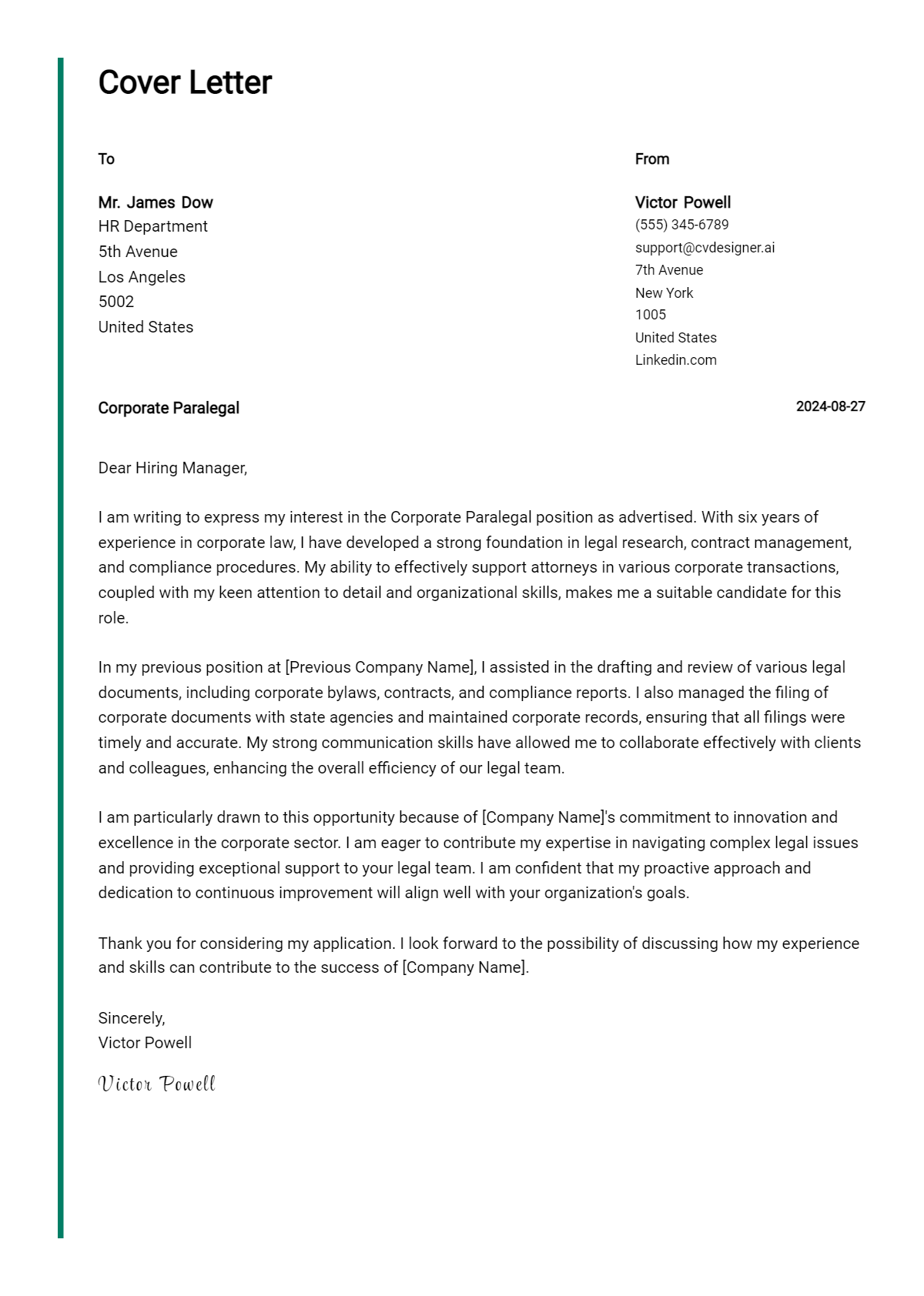 corporate paralegal cover letter example