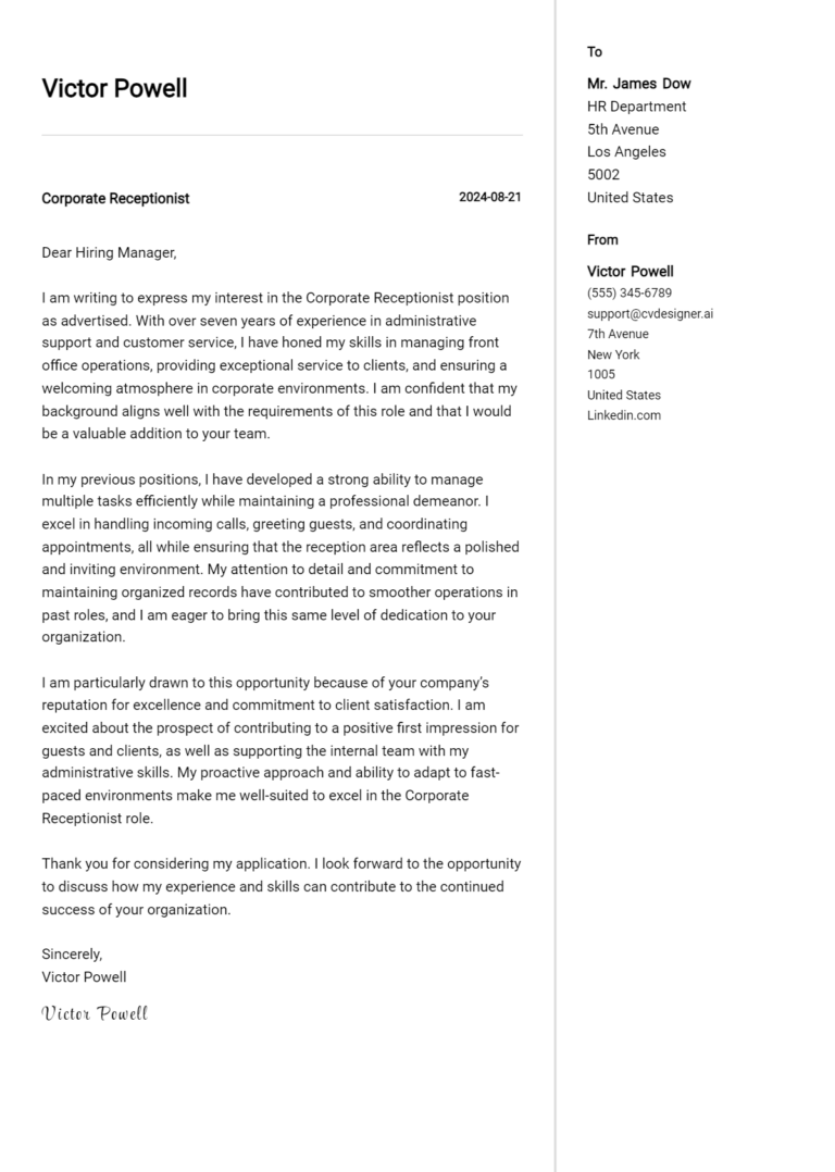 Corporate Receptionist Cover Letter Examples for 2025 (Downloadable)