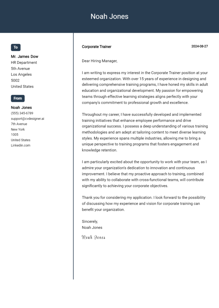 corporate trainer cover letter example