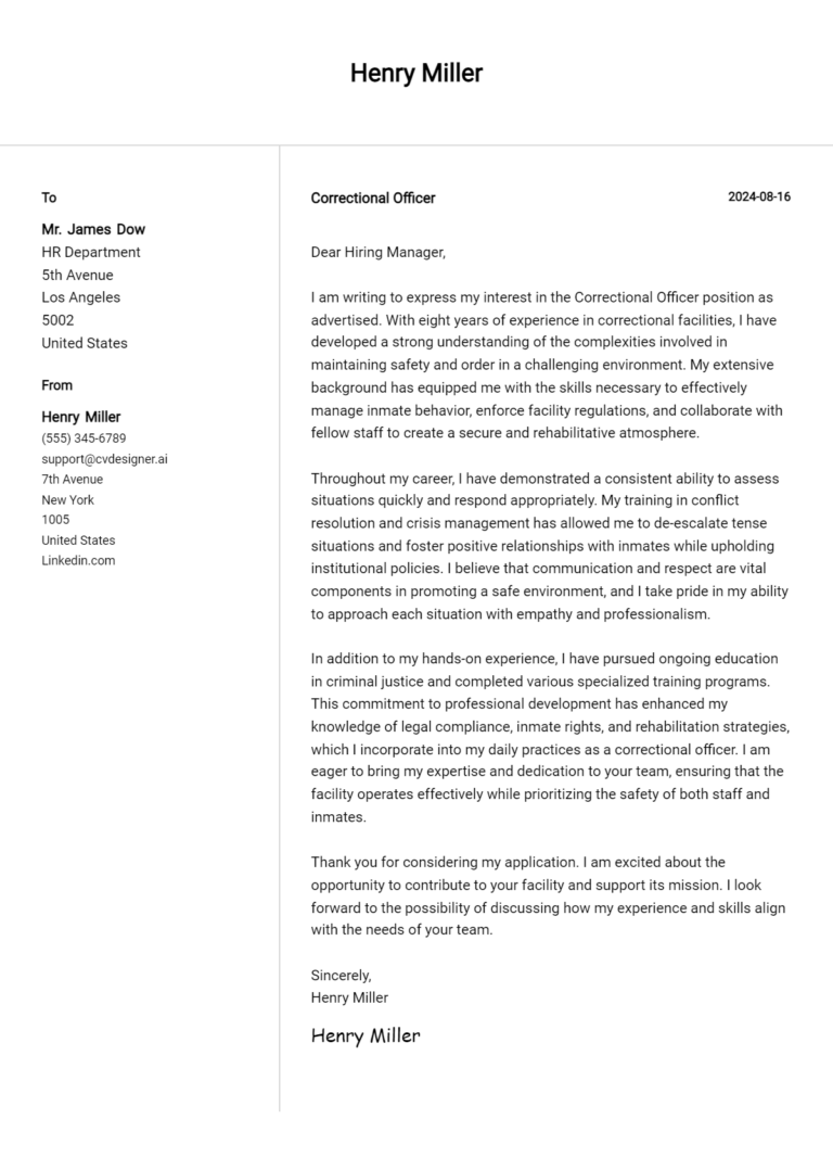 Correctional Officer Cover Letter Example for 2025 (Free Templates)