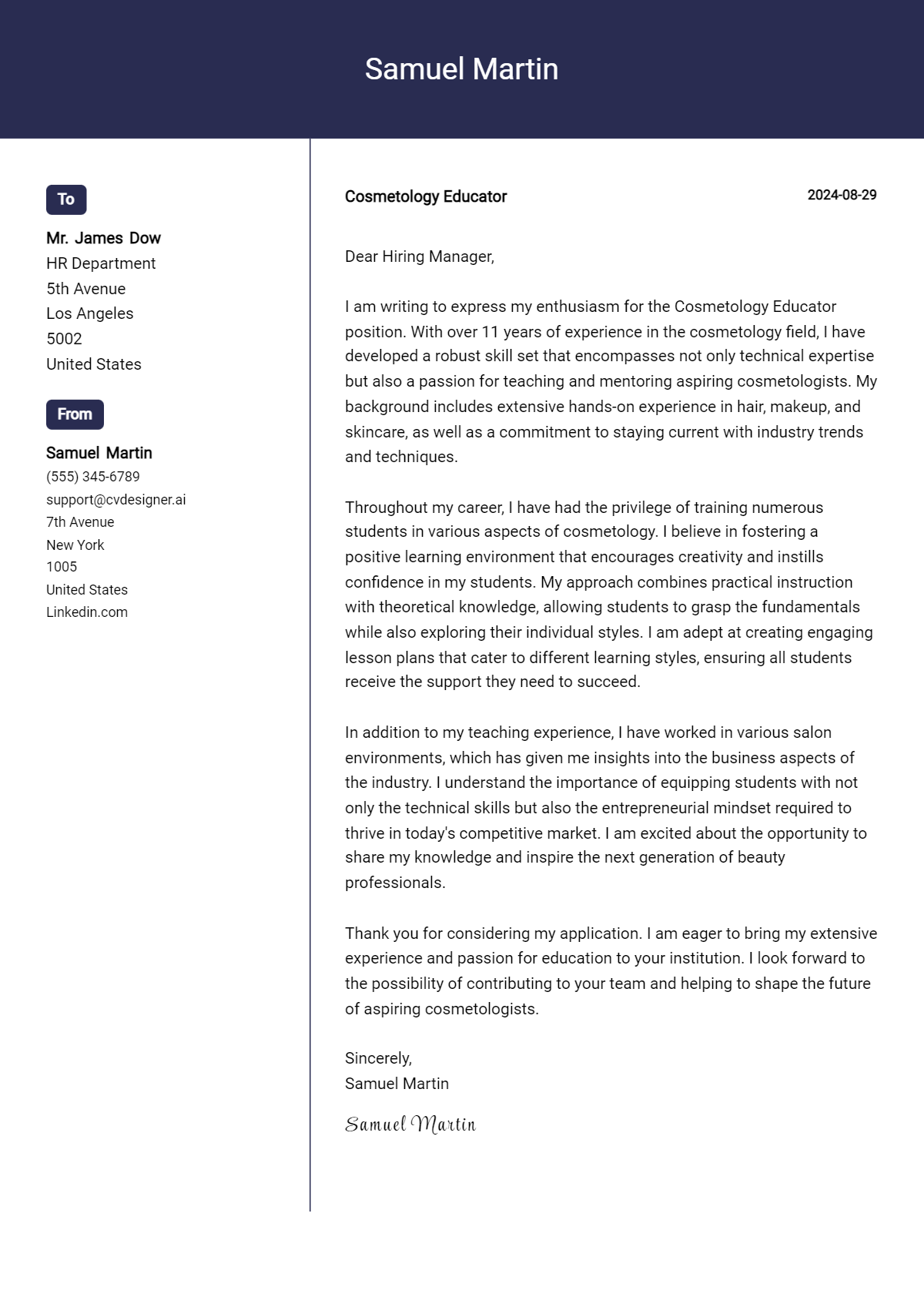 cosmetology educator cover letter example