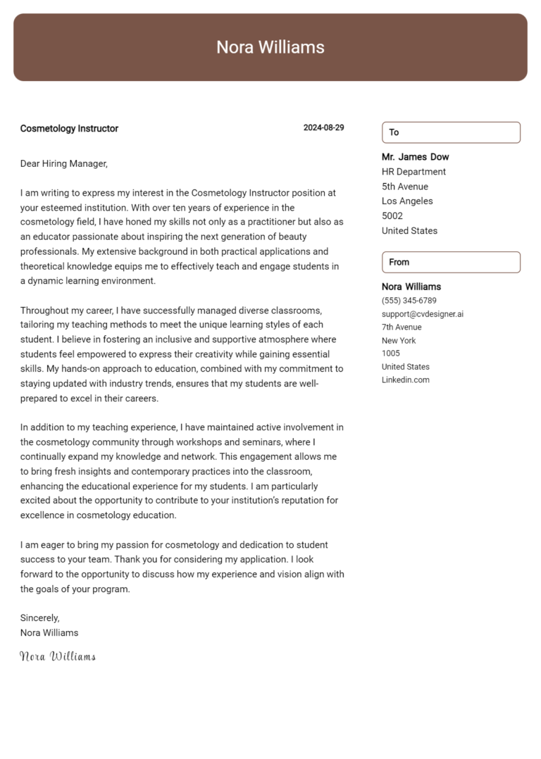 Cosmetology Instructor Cover Letter Examples and Templates for 2025 1 Cosmetology Instructor Cover Letter Examples and Templates for 2025