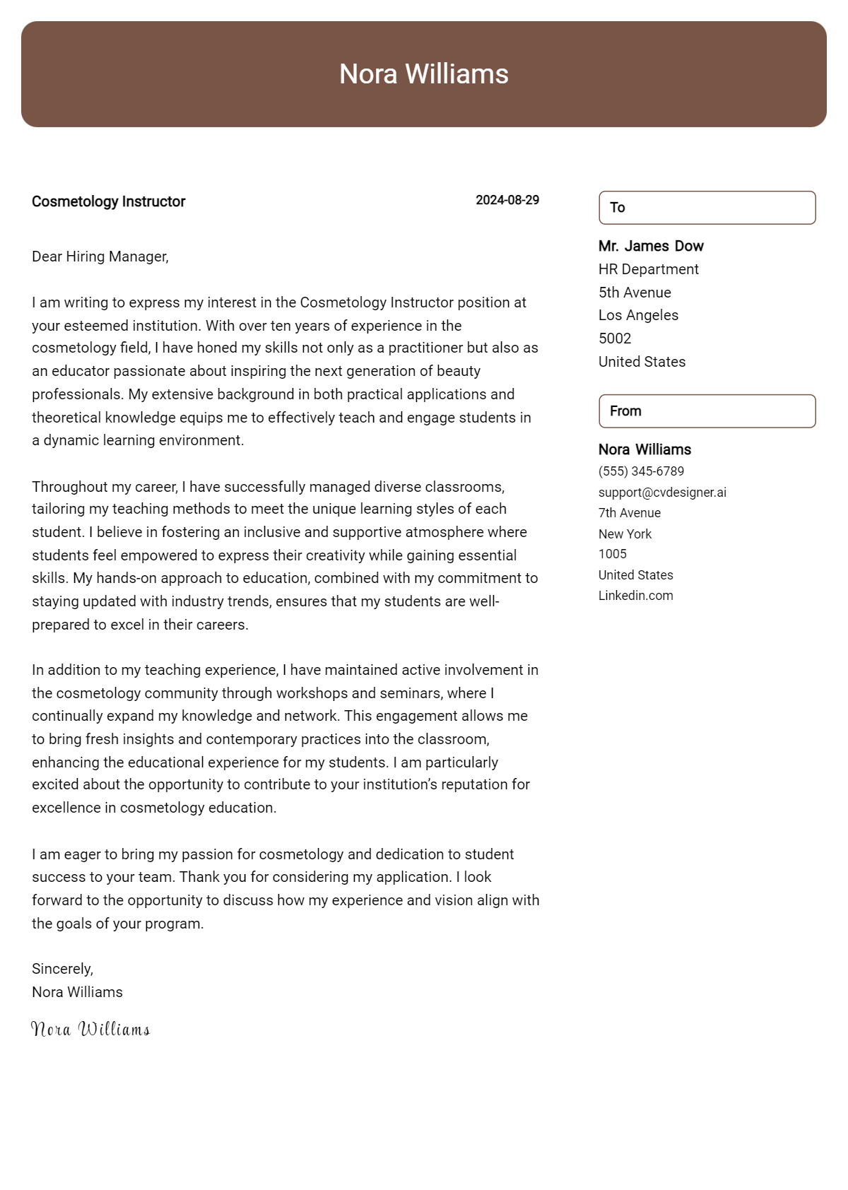cosmetology instructor cover letter example