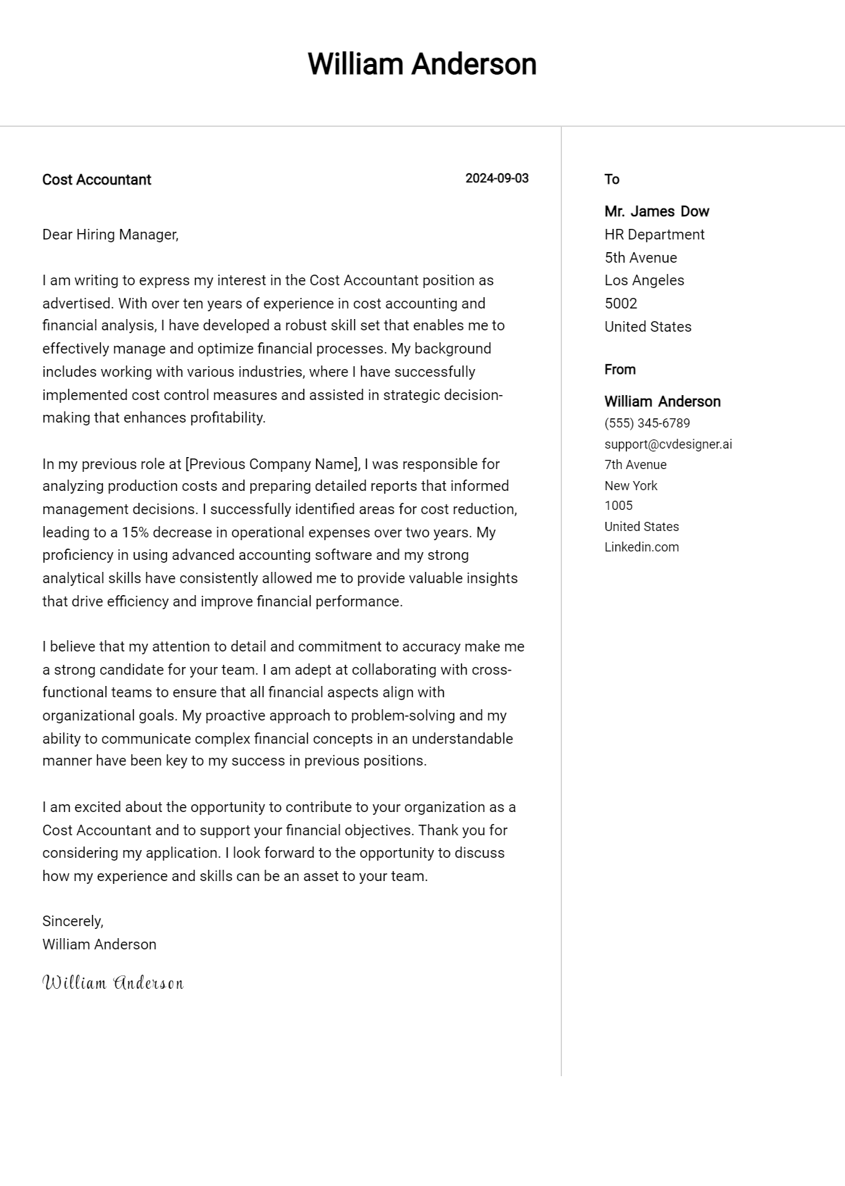 cost accountant cover letter example