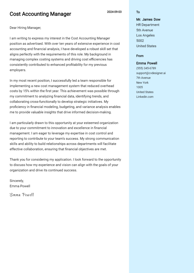 Cost Accounting Manager Cover Letter Example for 2025 (Free Templates)