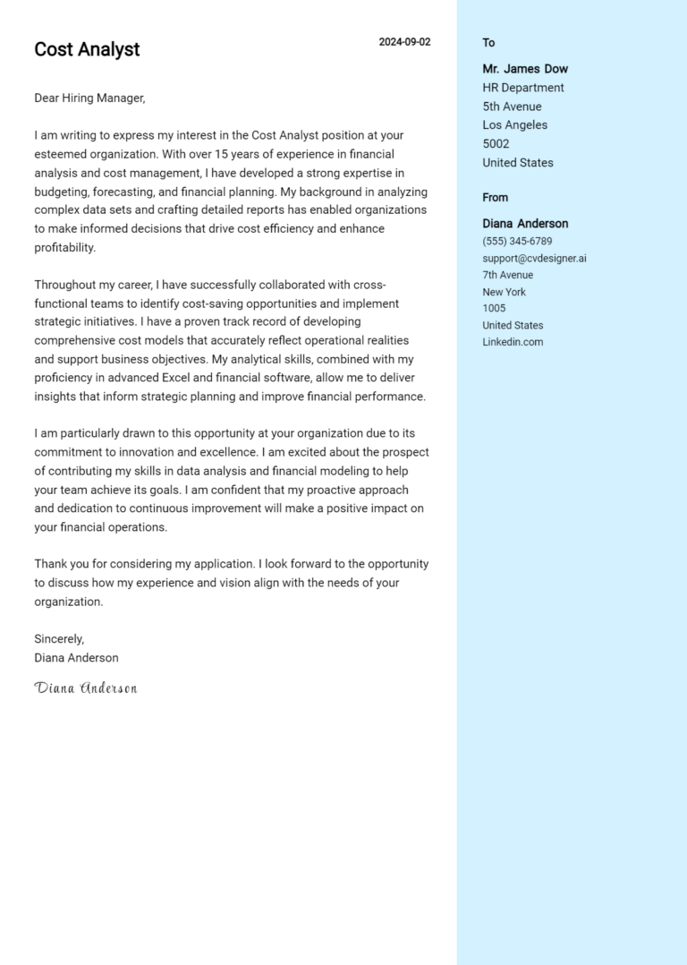 Cost Analyst Cover Letter Example for 2025: Ultimate Guide 1 Cost Analyst Cover Letter Example for 2025: Ultimate Guide