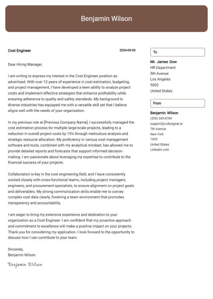 cost engineer cover letter example