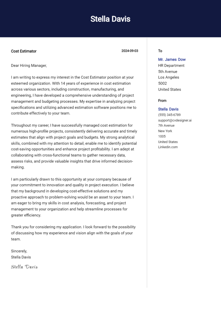 Cost Estimator Cover Letter Examples & Samples for 2025
