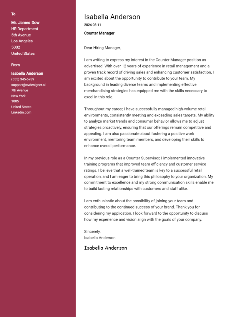 Counter Manager Cover Letter Example for 2025: Ultimate Guide