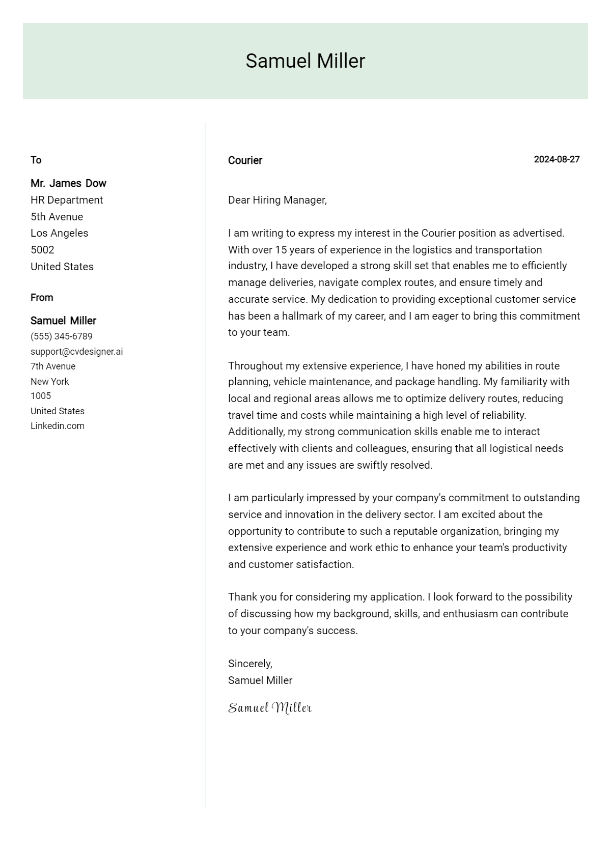 Courier Cover Letter Examples & Samples for 2024 - CVDesigner.ai