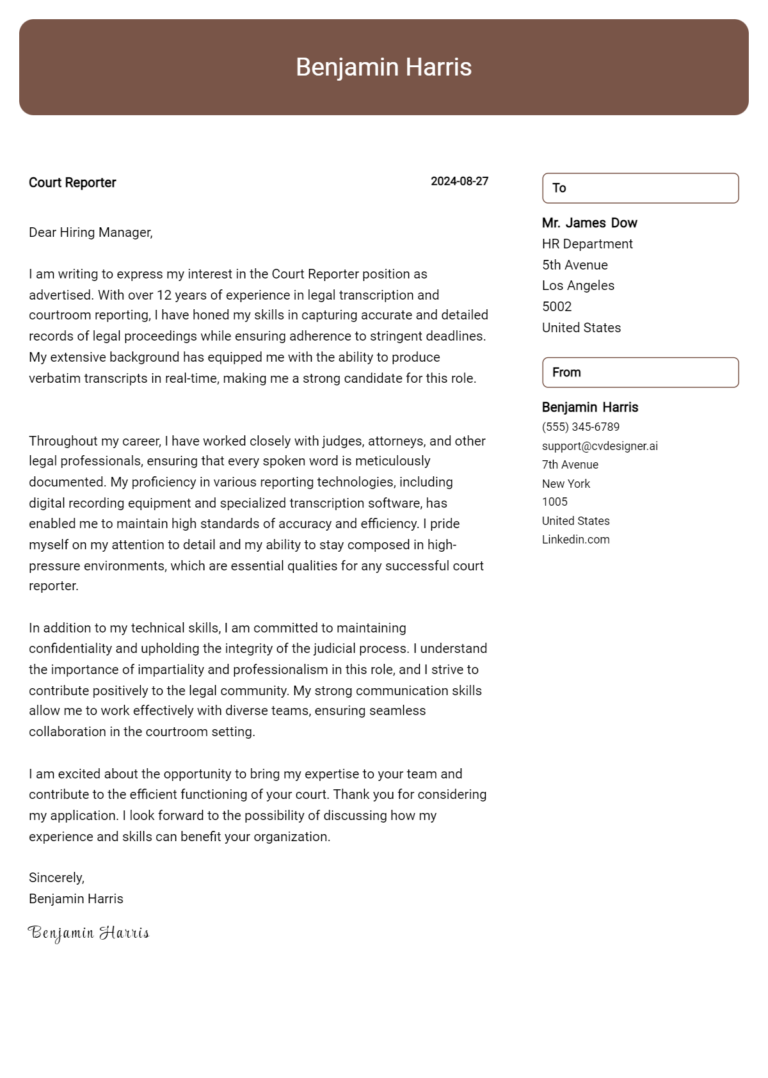 Court Reporter Cover Letter Example for 2025: Expert Tips & Templates 1 Court Reporter Cover Letter Example for 2025: Expert Tips & Templates