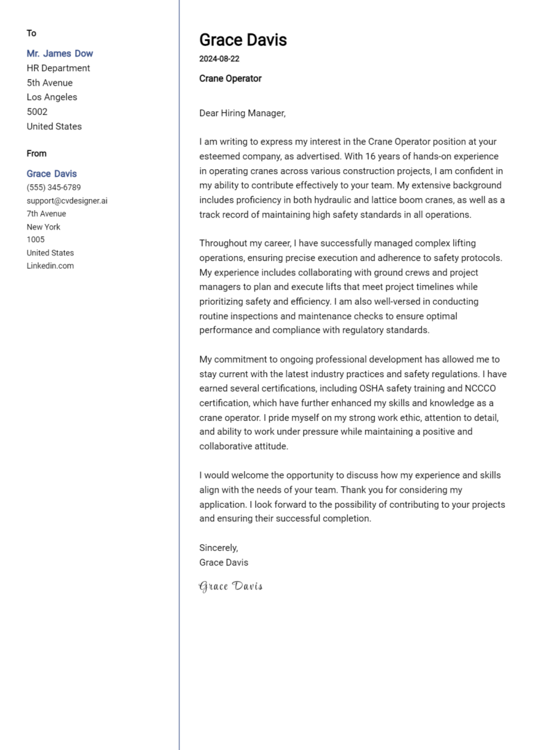 Crane Operator Cover Letter Examples & Samples for 2025