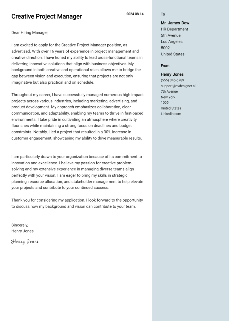 Creative Project Manager Cover Letter Example for 2025 (Free Templates)