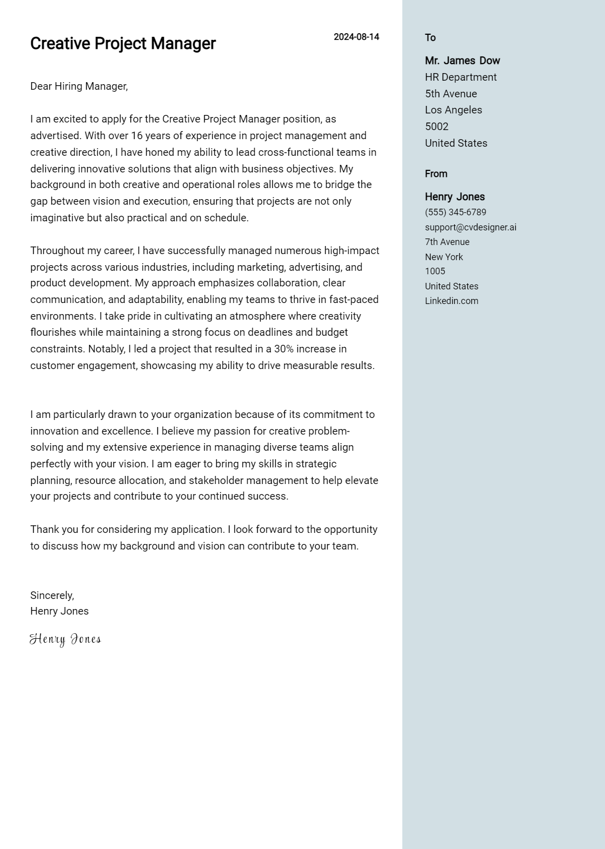 creative project manager cover letter example