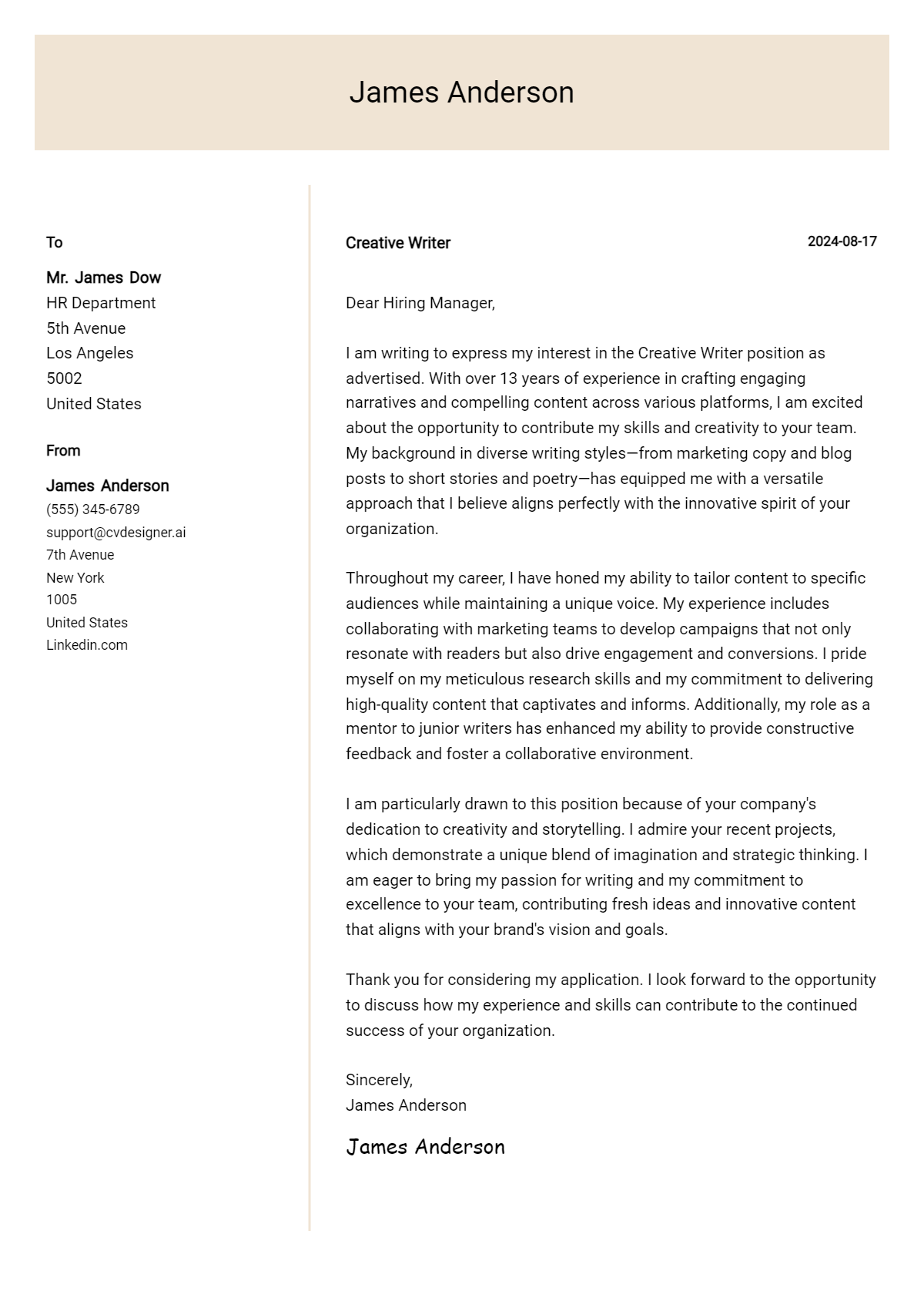 creative writer cover letter example