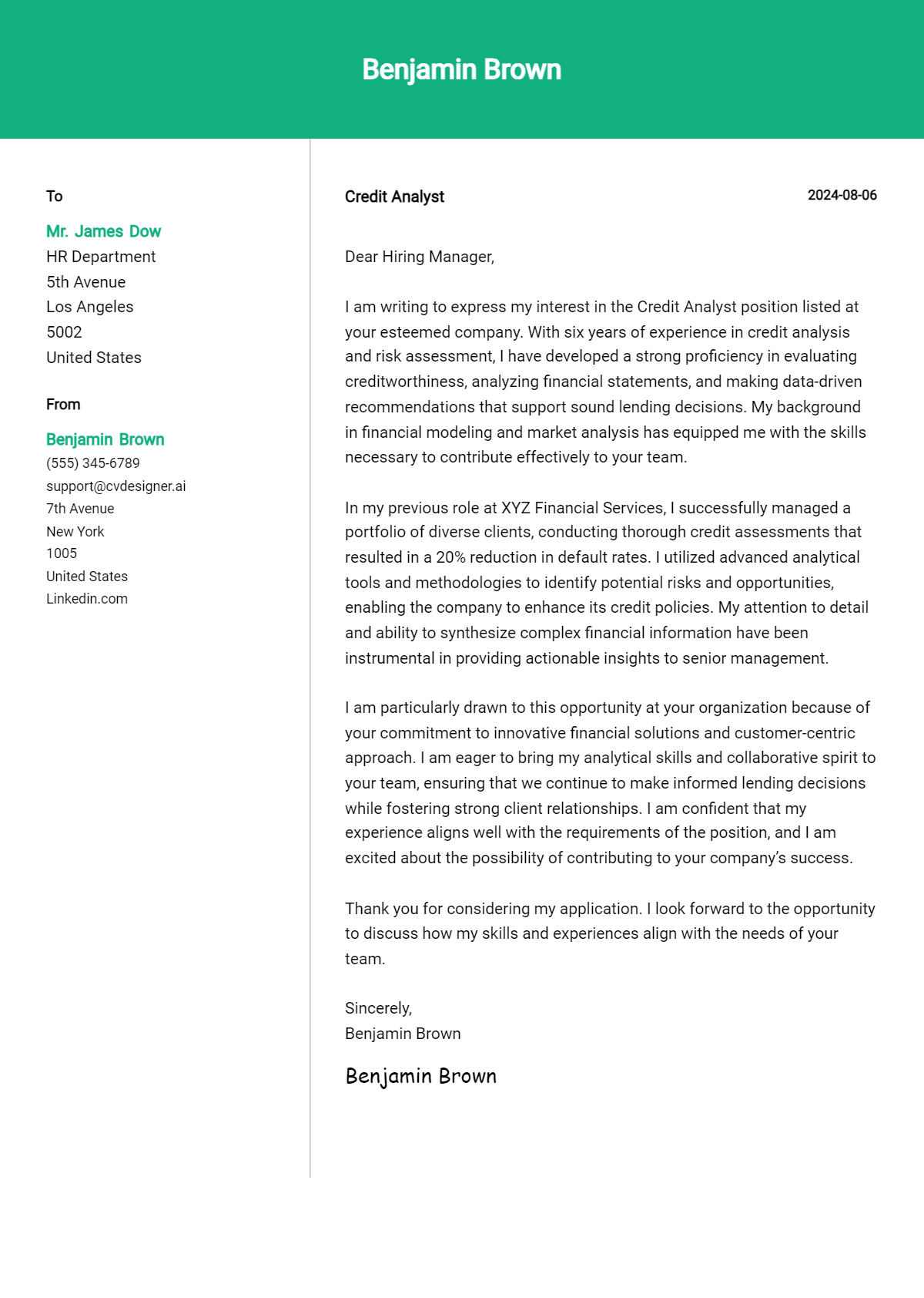 credit analyst cover letter example