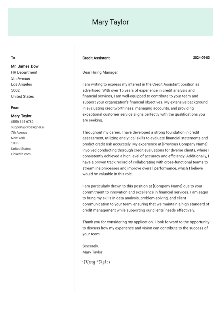 Credit Assistant Cover Letter Examples and Templates for 2025 1 Credit Assistant Cover Letter Examples and Templates for 2025