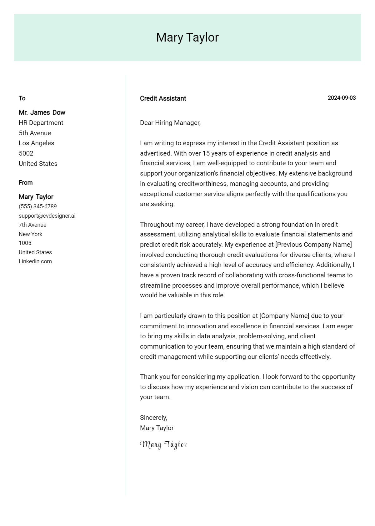 credit assistant cover letter example