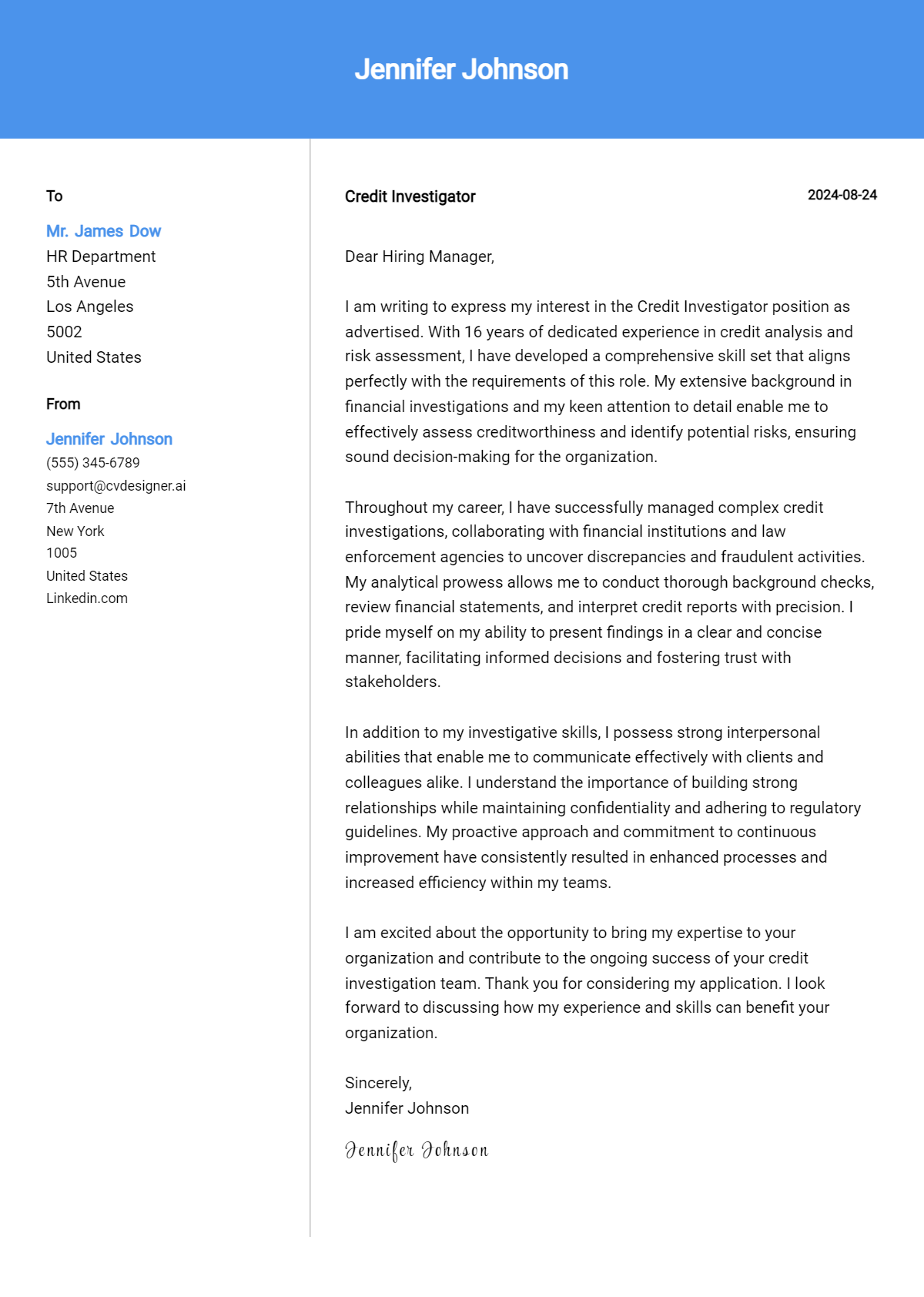 credit investigator cover letter example