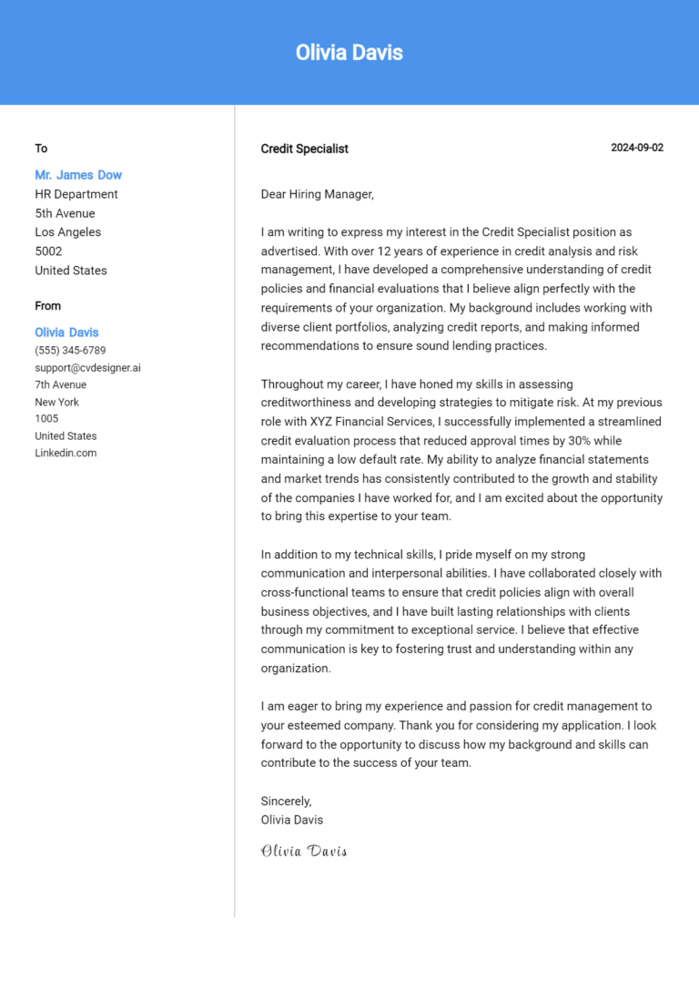 Credit Specialist Cover Letter Example for 2025: Top CV Skills