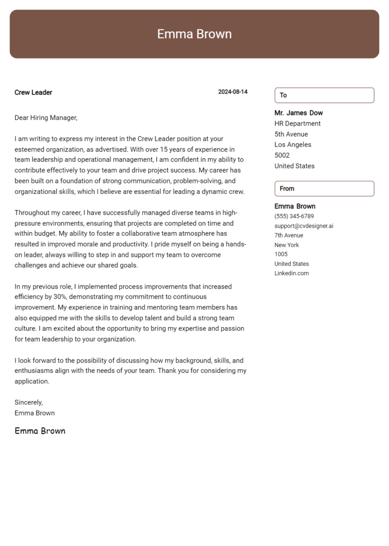Crew Leader Cover Letter Example for 2025: Ultimate Guide 1 Crew Leader Cover Letter Example for 2025: Ultimate Guide