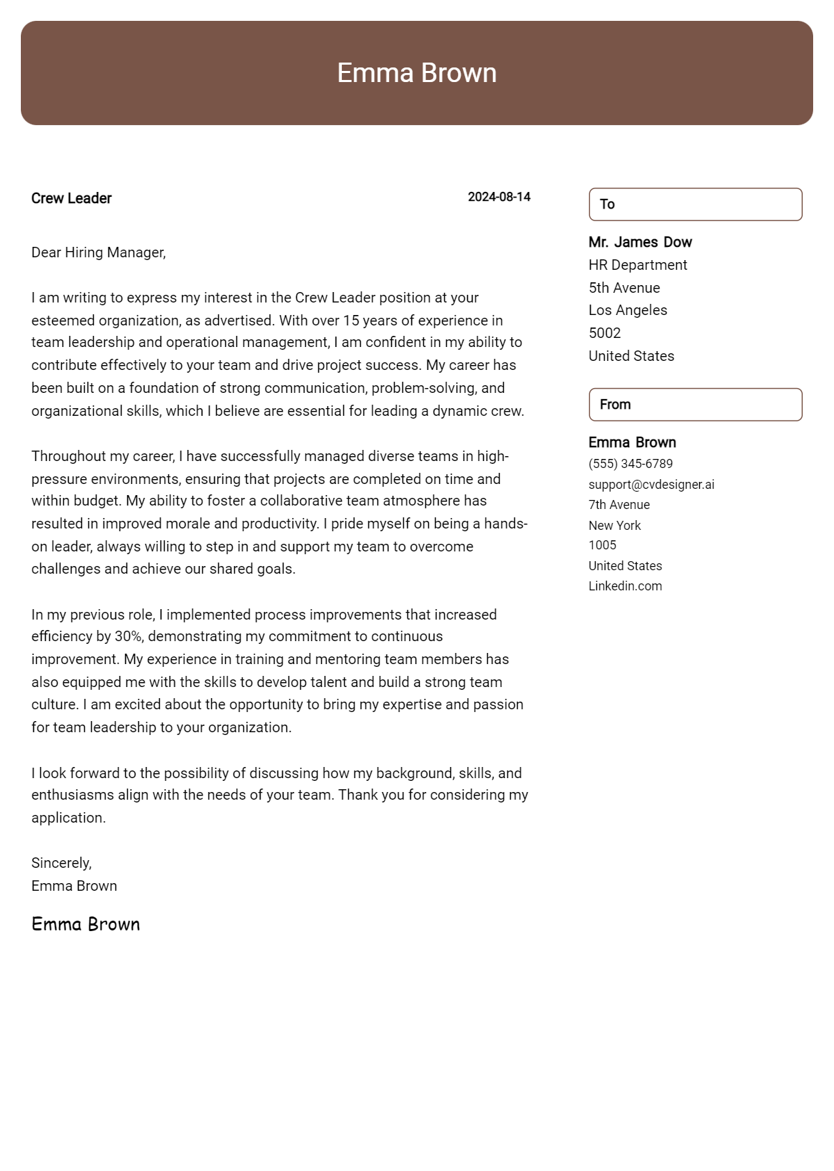 crew leader cover letter example