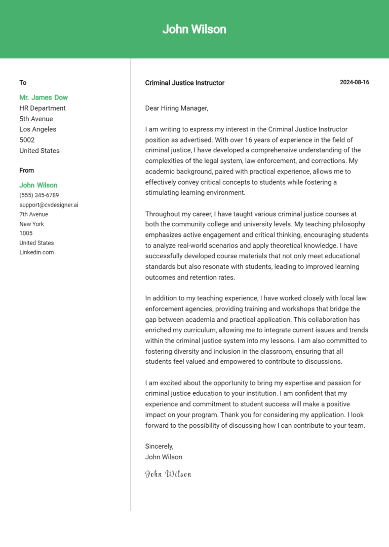 Criminal Justice Instructor Cover Letter Example For 2024 Expert Tips And Templates Cvdesignerai 3639