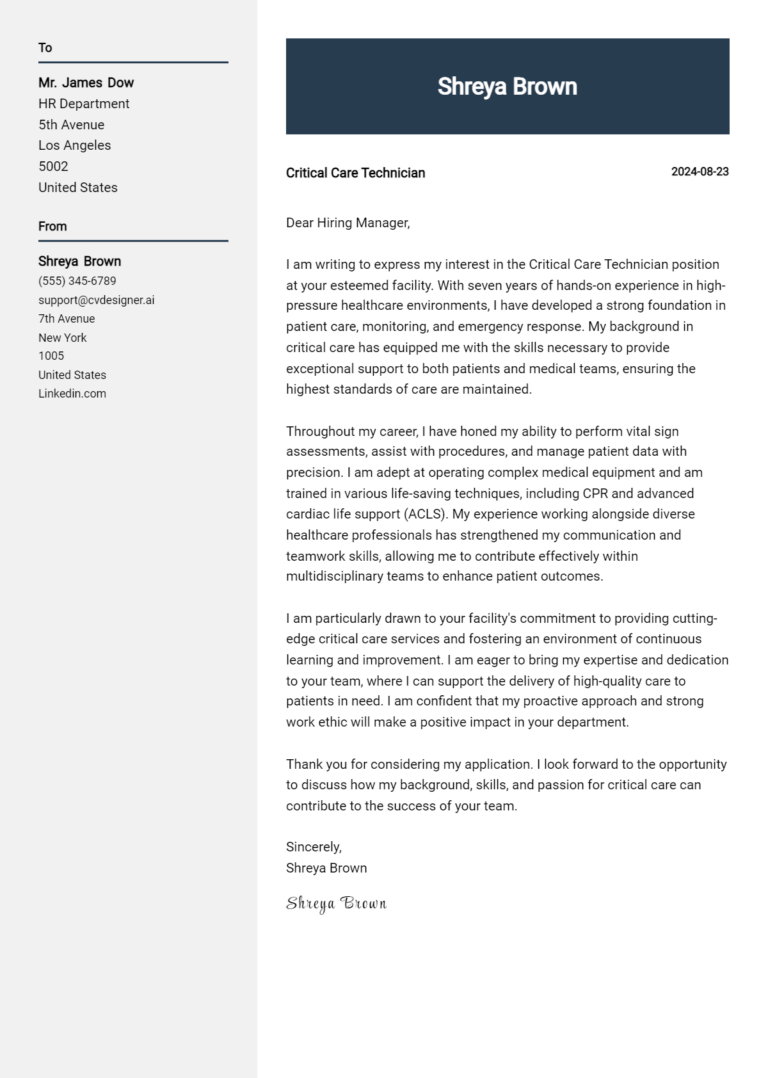 Critical Care Technician Cover Letter Example for 2025: Proven Tips