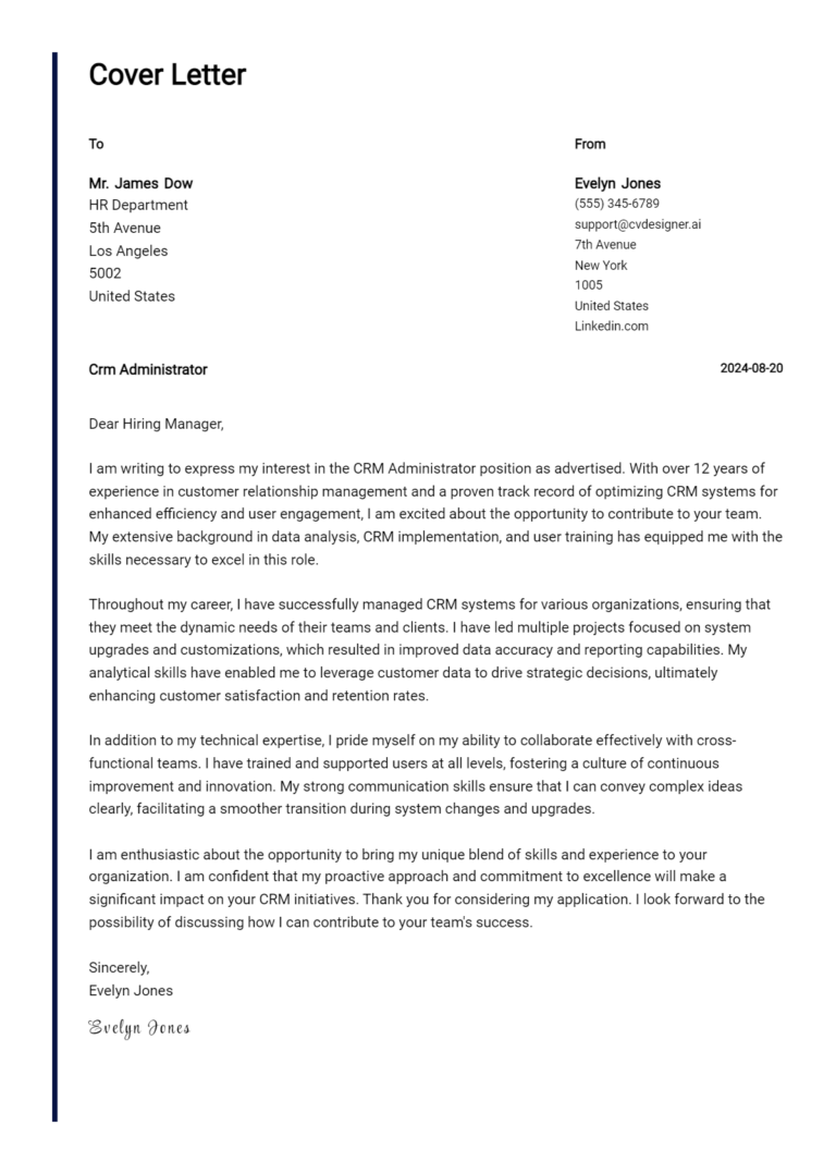 Crm Administrator Cover Letter Example for 2025: Proven Tips