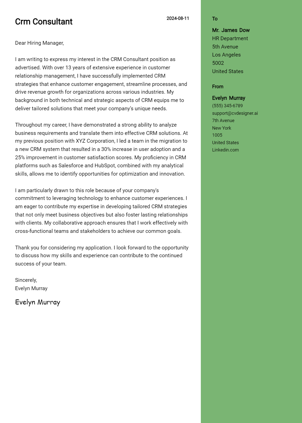 crm consultant cover letter example