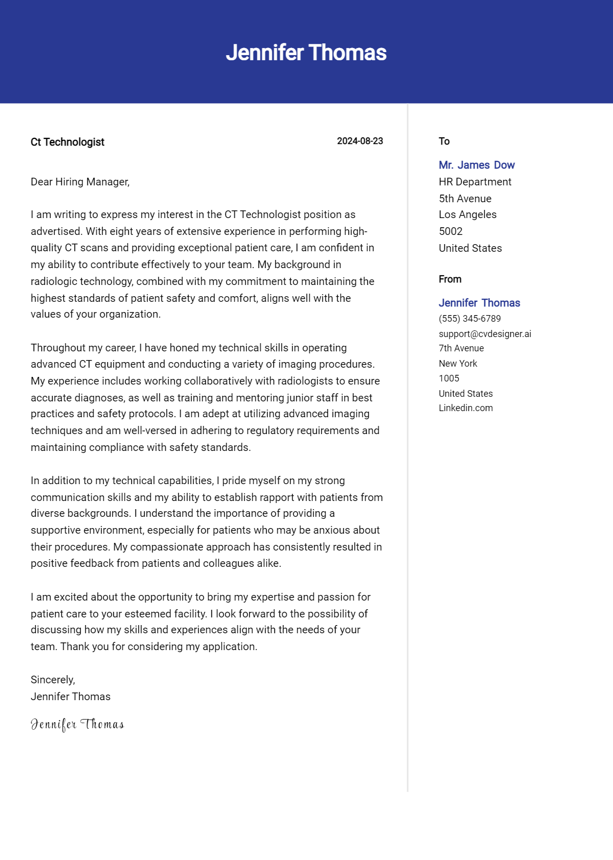 ct technologist cover letter example
