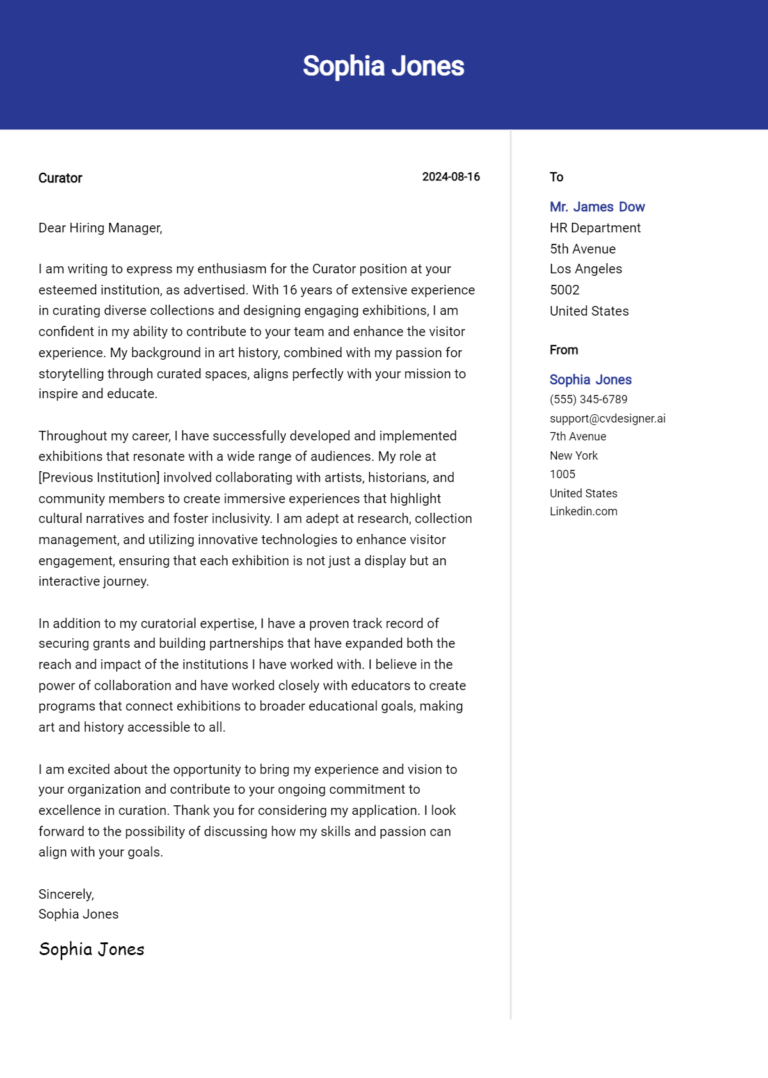 Curator Cover Letter Example for 2025 (Download Templates) 1 Curator Cover Letter Example for 2025 (Download Templates)