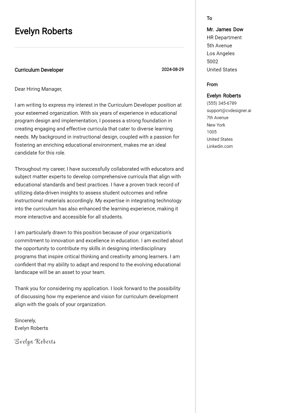 curriculum developer cover letter example