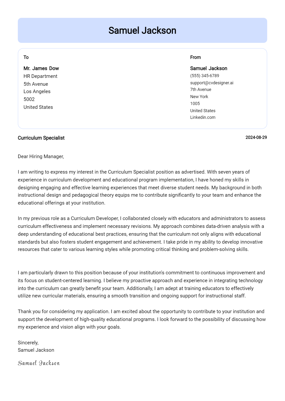 curriculum specialist cover letter example
