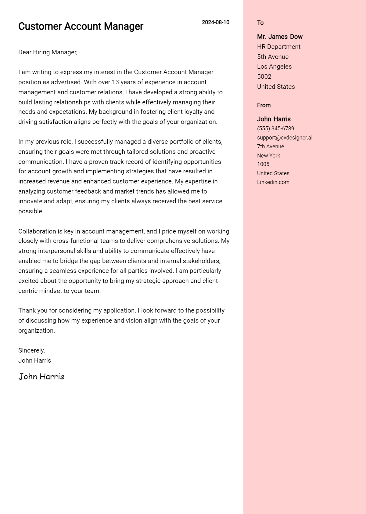 customer account manager cover letter example