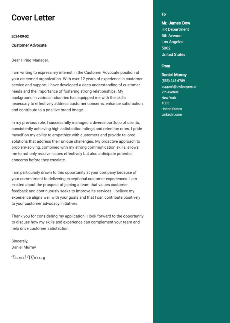 Customer Advocate Cover Letter Samples & Examples 2025