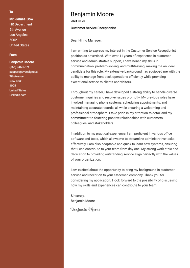 Customer Service Receptionist Cover Letter Example for 2025: Top CV Skills