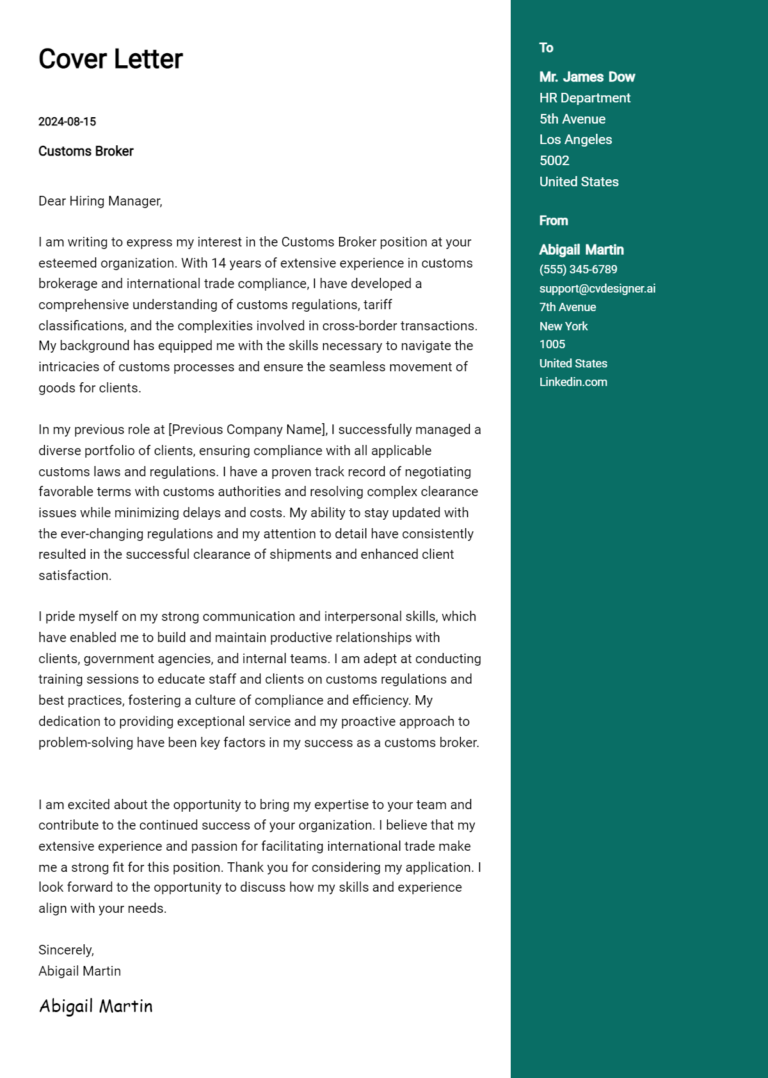 Customs Broker Cover Letter Example for 2025: Ultimate Guide 1 Customs Broker Cover Letter Example for 2025: Ultimate Guide