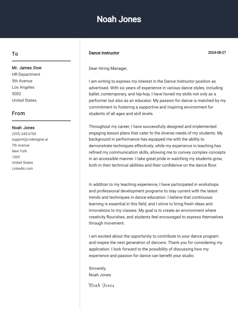 Dance Instructor Cover Letter Example for 2025: Free Templates