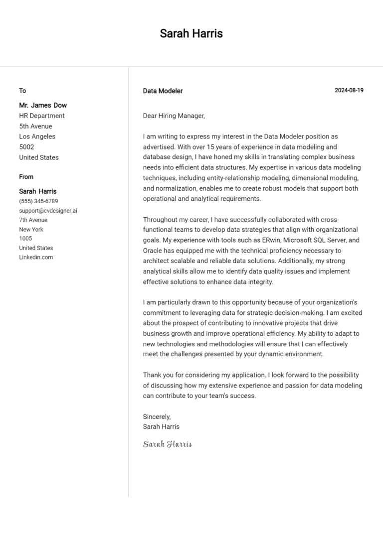 Data Modeler Cover Letter Example for 2025 (Writing Guide) 1 Data Modeler Cover Letter Example for 2025 (Writing Guide)