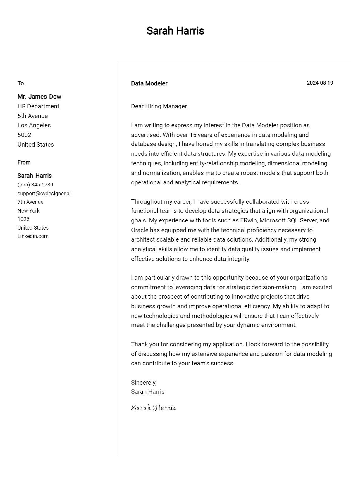 data modeler cover letter example