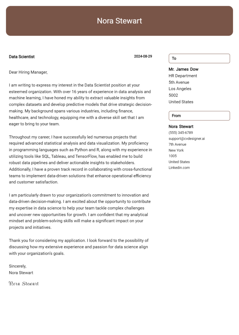 Data Scientist Cover Letter Example for 2025 (Writing Guide)