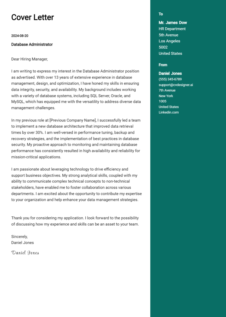 7 Database Administrator Cover Letter Examples and Templates for 2025