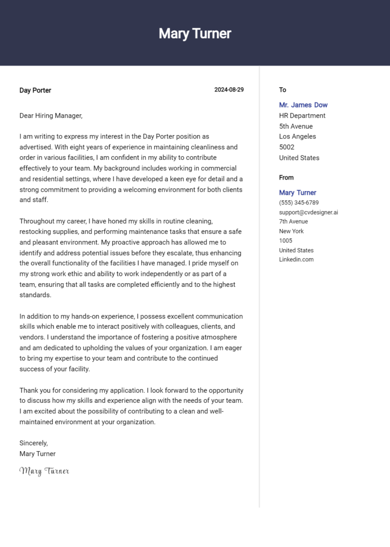 Day Porter Cover Letter Samples & Examples 2025