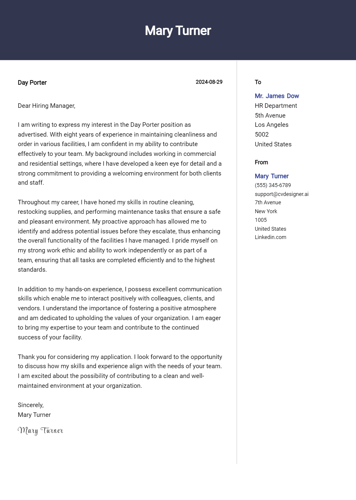 day porter cover letter example