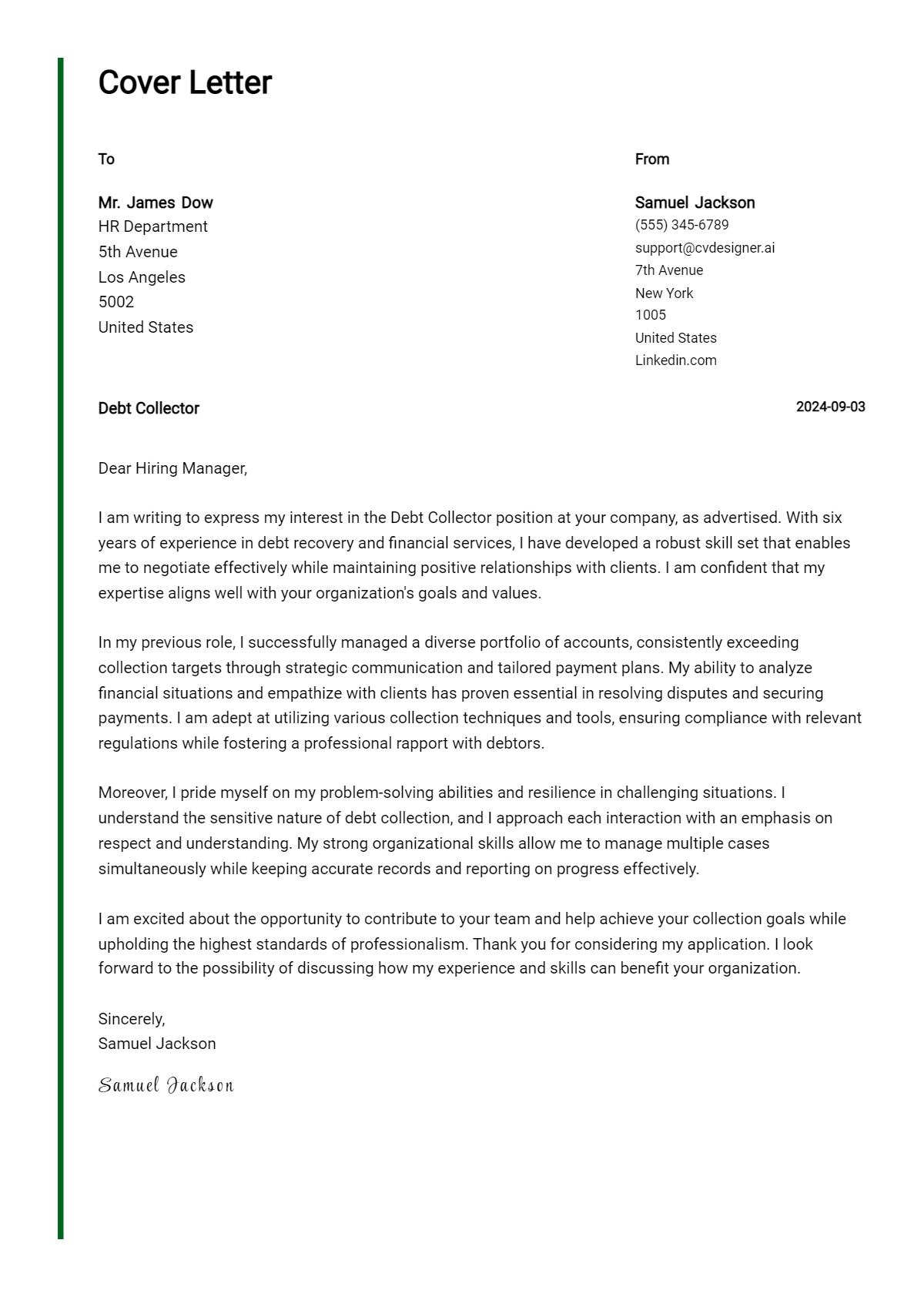 debt collector cover letter example